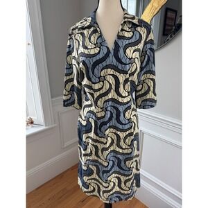 J. McLaughlin Dress S Blue Ivory Retro Mod Abstract Print Stretch Knit‎ Shift